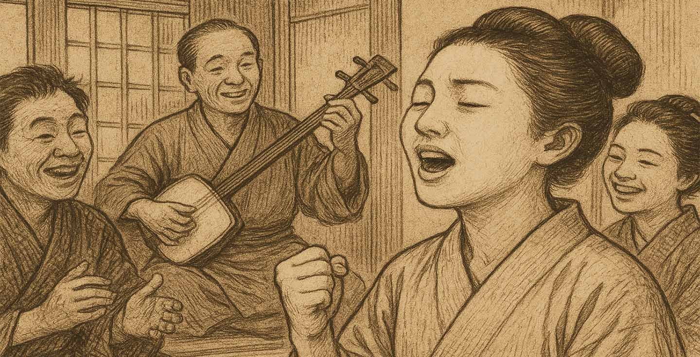 Vintage Japanese bar scene with people singing karaoke and playing traditional instruments