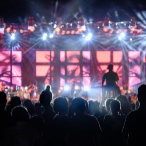 Performer silhouette on stage with bright beams and a crowd below