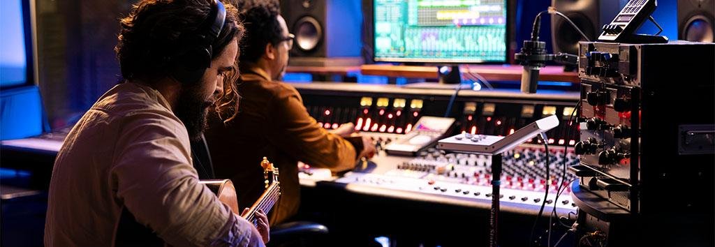 Sound engineer adjusting controls on a professional mixing desk
