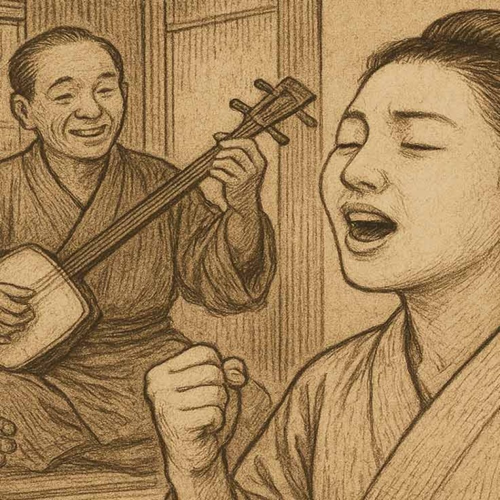 Vintage Japanese bar scene with people singing karaoke and playing traditional instruments